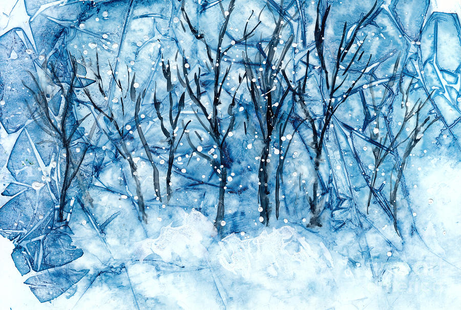 Abstract Winter Forest With Falling Snow Painting