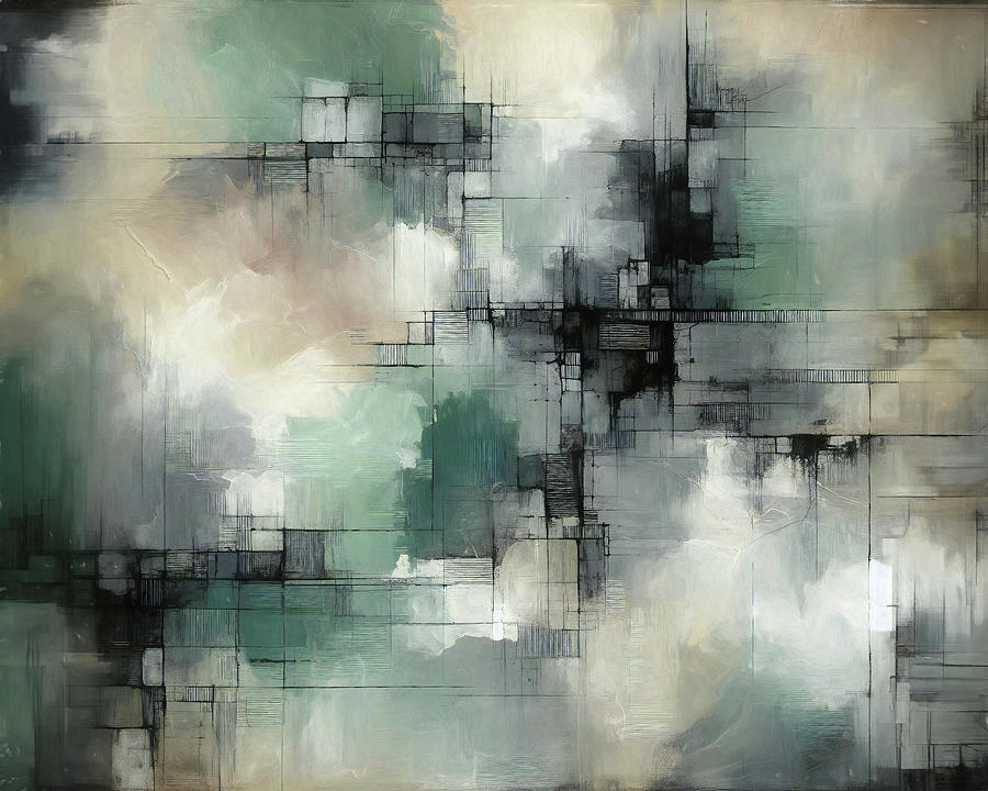 Abstract with Muted Greens and Black Line Accents Digital Art by Alison Frank