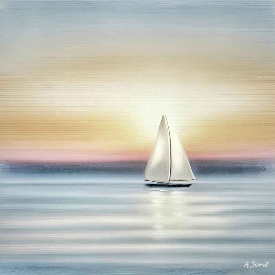 Sunset Sail, Seascape Abstract Mixed Media