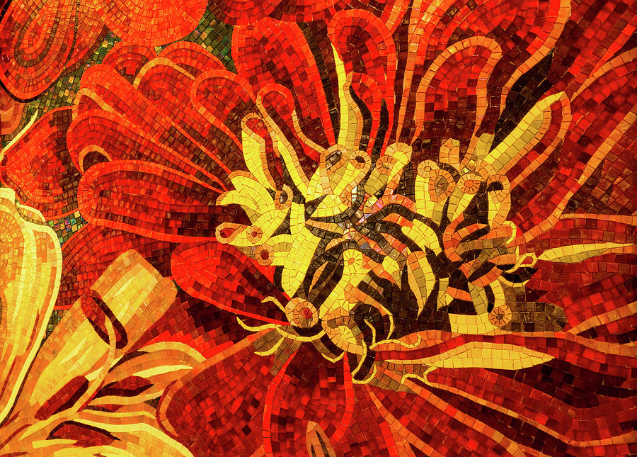 Abstracted Floral - Mesmeric Mosaic in Bold Yellows and Reds Photograph by Georgia Mizuleva