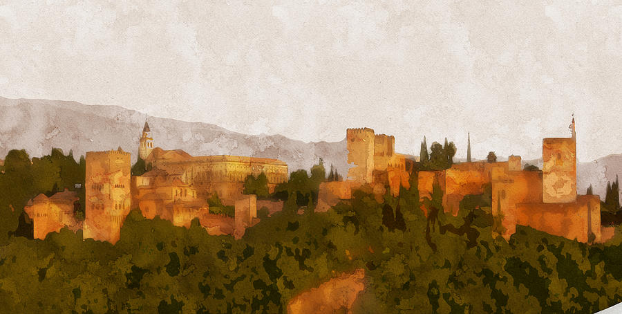 Abu Alhambra Castle Building Granada Town Castle, watercolor 2019 by Ahmet Asar Painting by Celestial Images