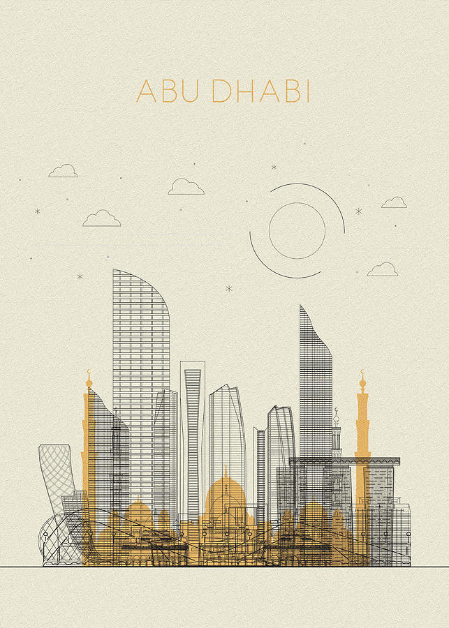 Memento Movie Drawing - Abu Dhabi, UAE Abstract City Skyline by Inspirowl Design