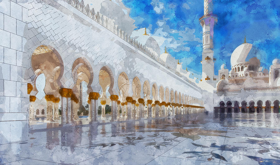 Abu Dhabi White Mosque Sheikh Zayid Mosque 2, watercolor 2019 by Ahmet Asar Painting by Celestial Images