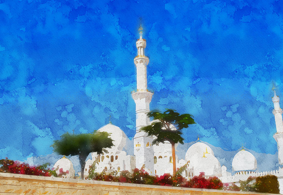 Abu Dhabi White Mosque Sheikh Zayid Mosque, watercolor by Ahmet Asar Painting by Celestial Images