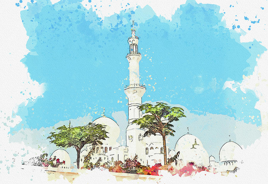 Abu Dhabi White Mosque Sheikh Zayid Mosque, Watercolor, Ca 2020 By Ahmet Asar Digital Art