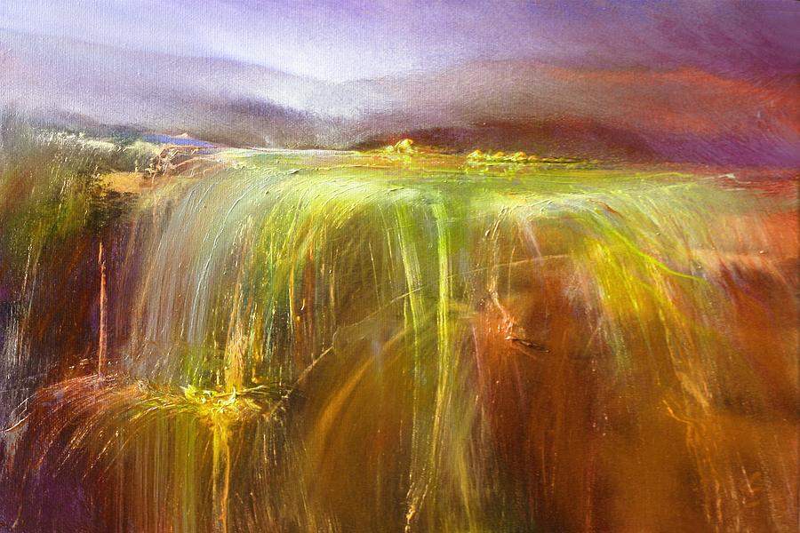 Abundance - a colorful waterfall in a abstract golden landscape Painting by Annette Schmucker