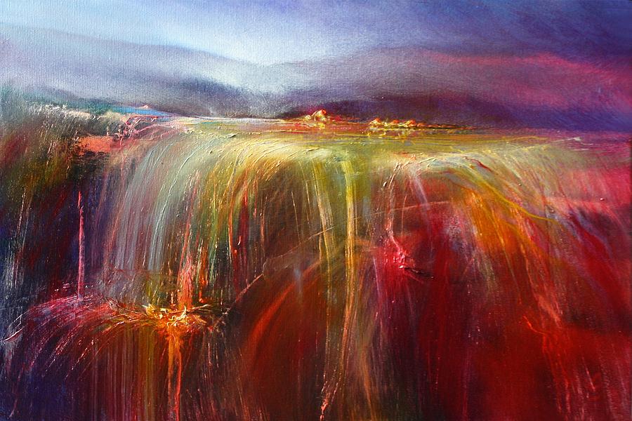 Abundance - a colorful waterfall in a abstract landscape Painting by Annette Schmucker