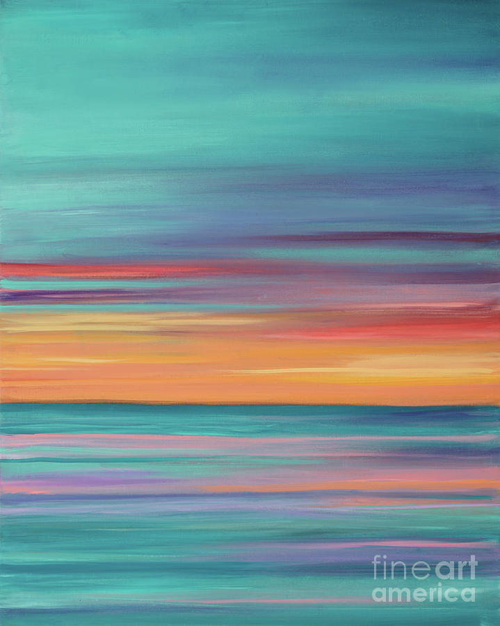 Abundance blue and orange ocean sunset Painting by Ashley Lane