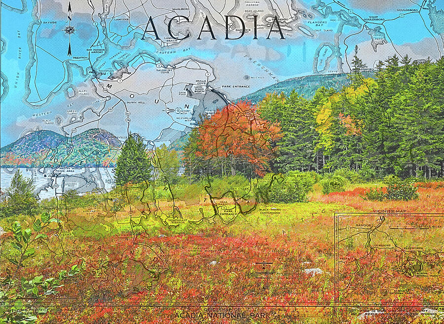 Acadia National Park Landscape With Map Mixed Media by Dan Sproul Acadia National Park Landscape With Map Mixed Media by Dan Sproul