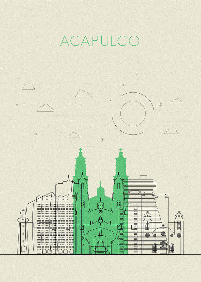Memento Movie Drawing - Acapulco, Mexico Abstract City Skyline by Inspirowl Design