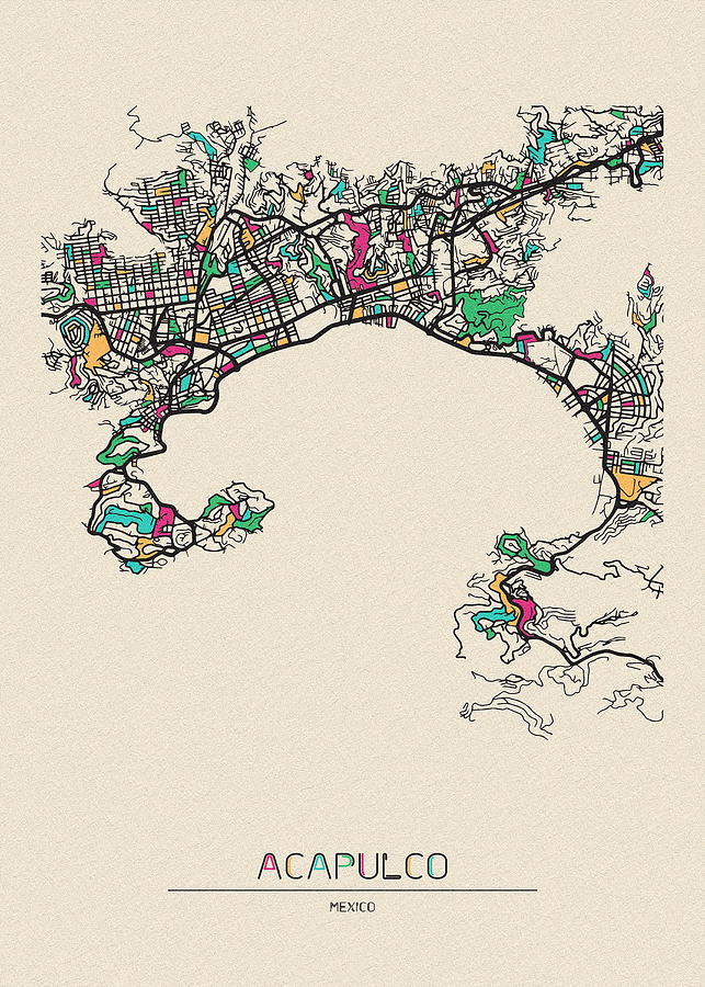 Acapulco, Mexico City Map Drawing by Inspirowl Design