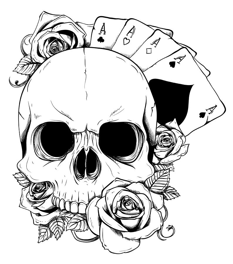 Aces Of Poker And Roses With Skull, Grunge Vintage Vector Digital Art ...