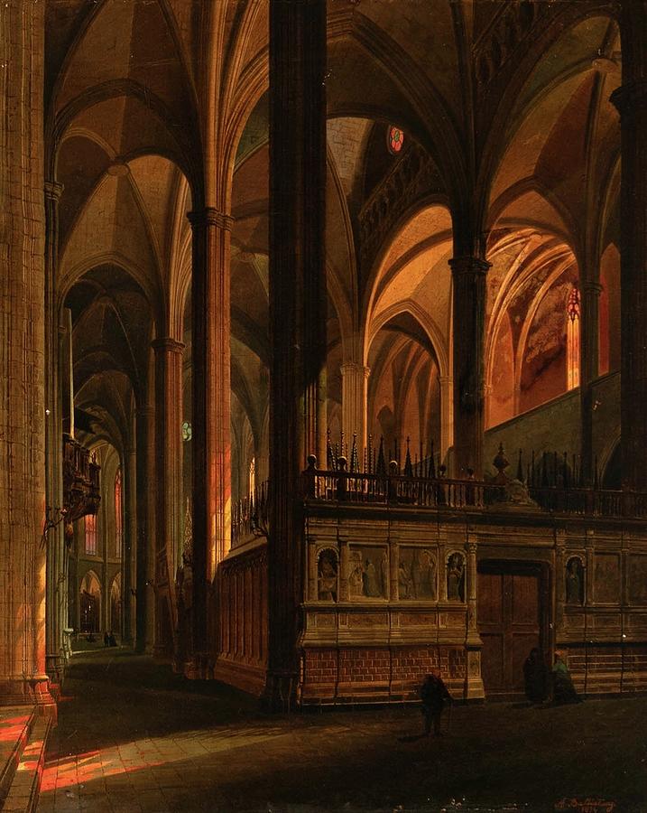 Achille Battistuzzi 1830 1891  Interior De La Catedral De Barcelona 1874 By Padre Martini Painting