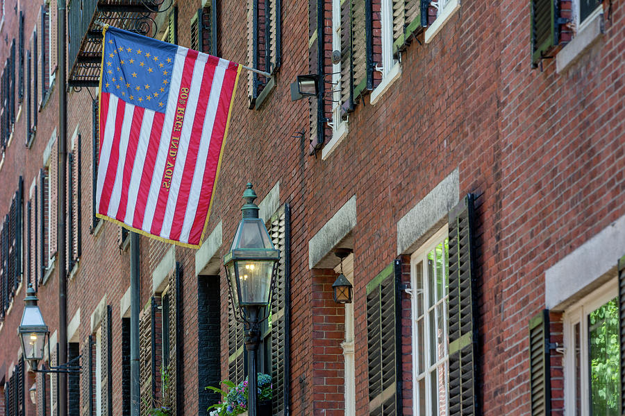 Acorn Street US Flag Boston Photograph by Susan Candelario