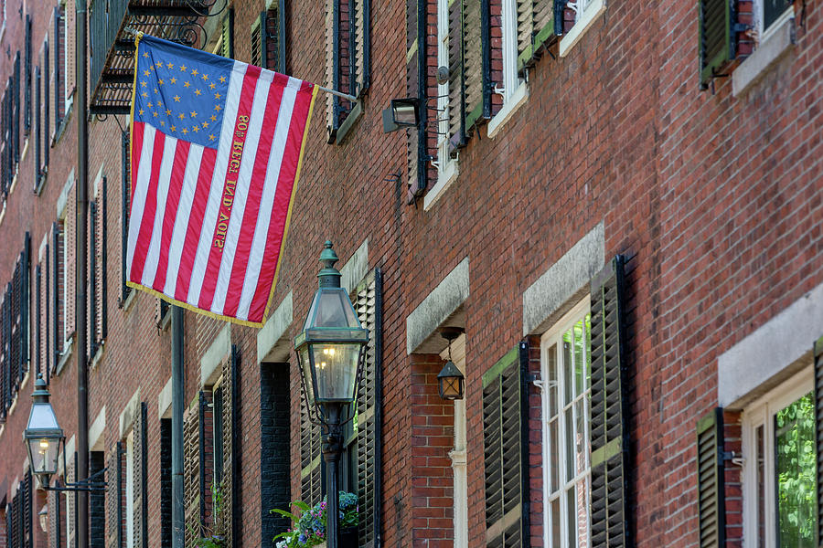 Boston Photograph - Acorn Street US Flag Boston by Susan Candelario