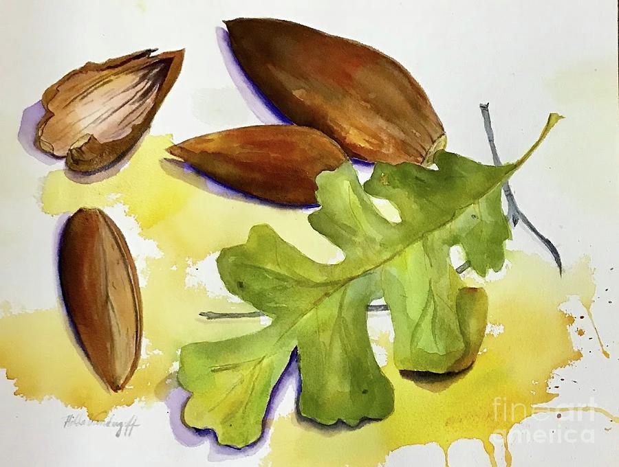 Acorns and Leaf Painting by Hilda Vandergriff