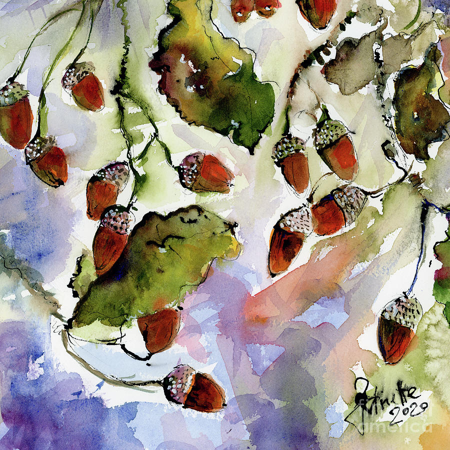 Acorns Autumn Breeze Watercolors and Ink Painting by Ginette Callaway