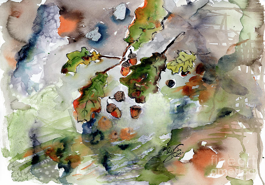 Acorns on Forest Floor Autumn Mood Painting by Ginette Callaway