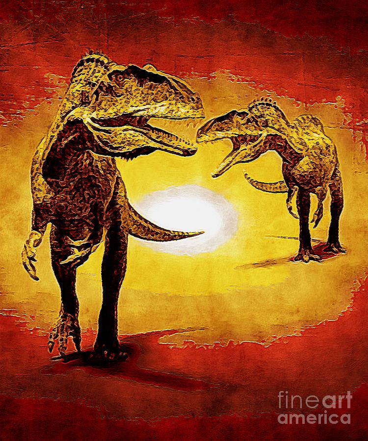 Prehistoric Digital Art - Acrocanthosaurus Dinosaur with a Red and Yellow Effect by Douglas Brown