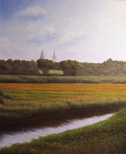 Landscape Painting - Across The Marshes To Sandwich Center by Anthony Petchkis Landscape Painting - Across The Marshes To Sandwich Center by Anthony Petchkis
