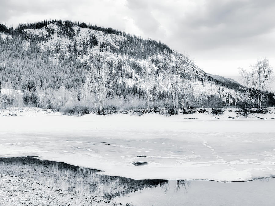 Across the Shuswap River Winter Black and White Photograph by Allan Van Gasbeck