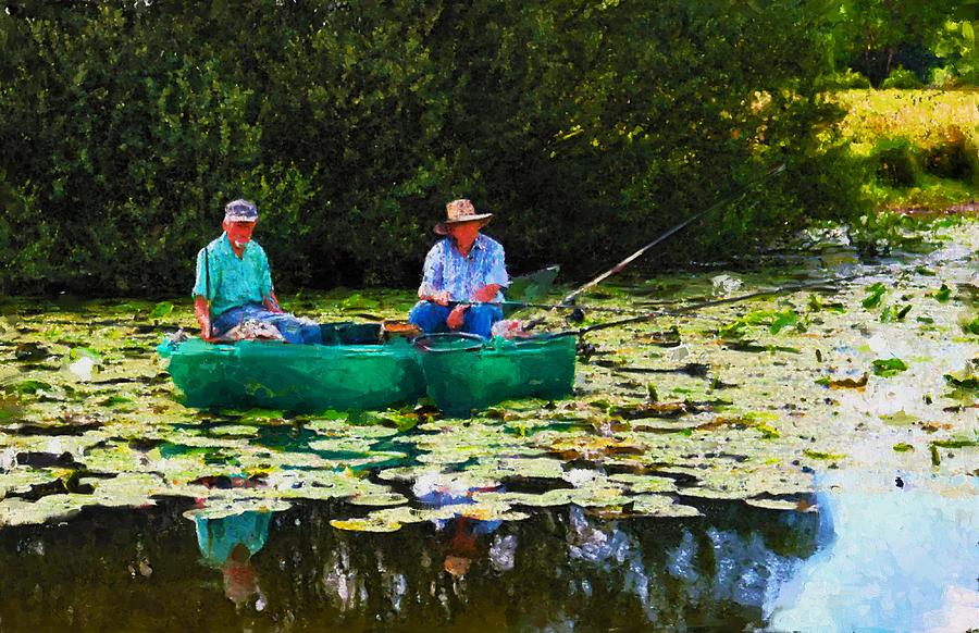 Acryl paintings of two people fisihing in boat in the Havel Rive ...