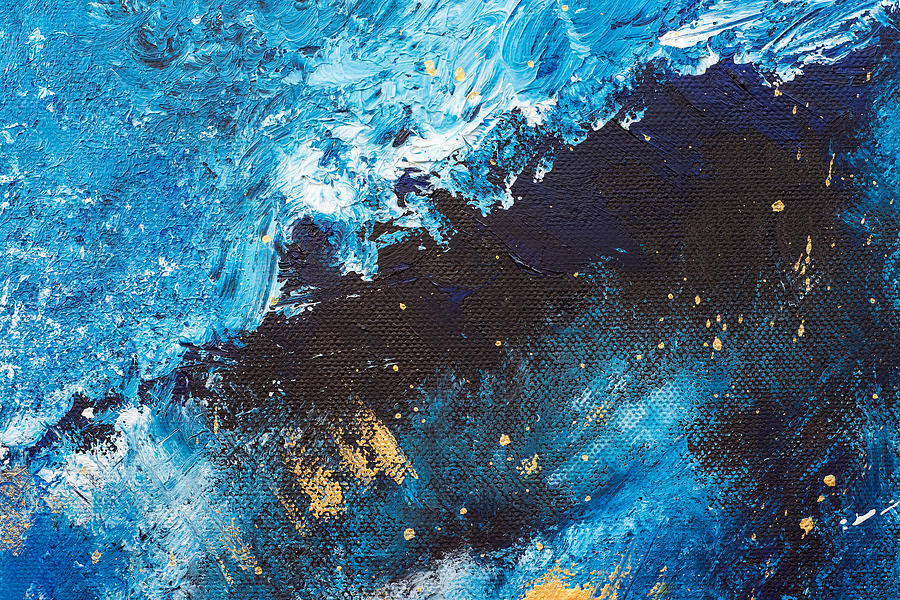 Acrylic blue background. Abstract painting. Oil dark background with stars,  sea or sky. Paint splashes on canvas texture. Drawing by Julien - Pixels