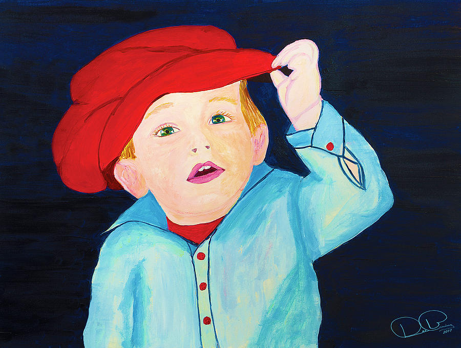 Acrylic Painting of Little Boy in Red Hat Painting by Dee Browning
