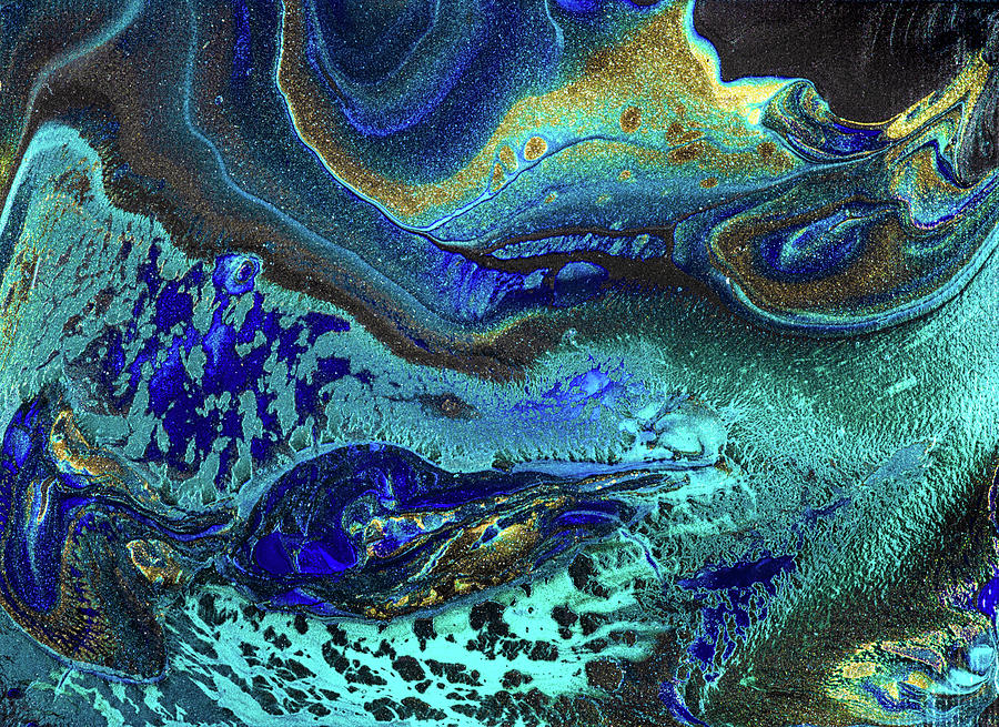 Acrylic Pouring Fluid Painting Turquoise Blue Gold Black Painting by Matthias Hauser