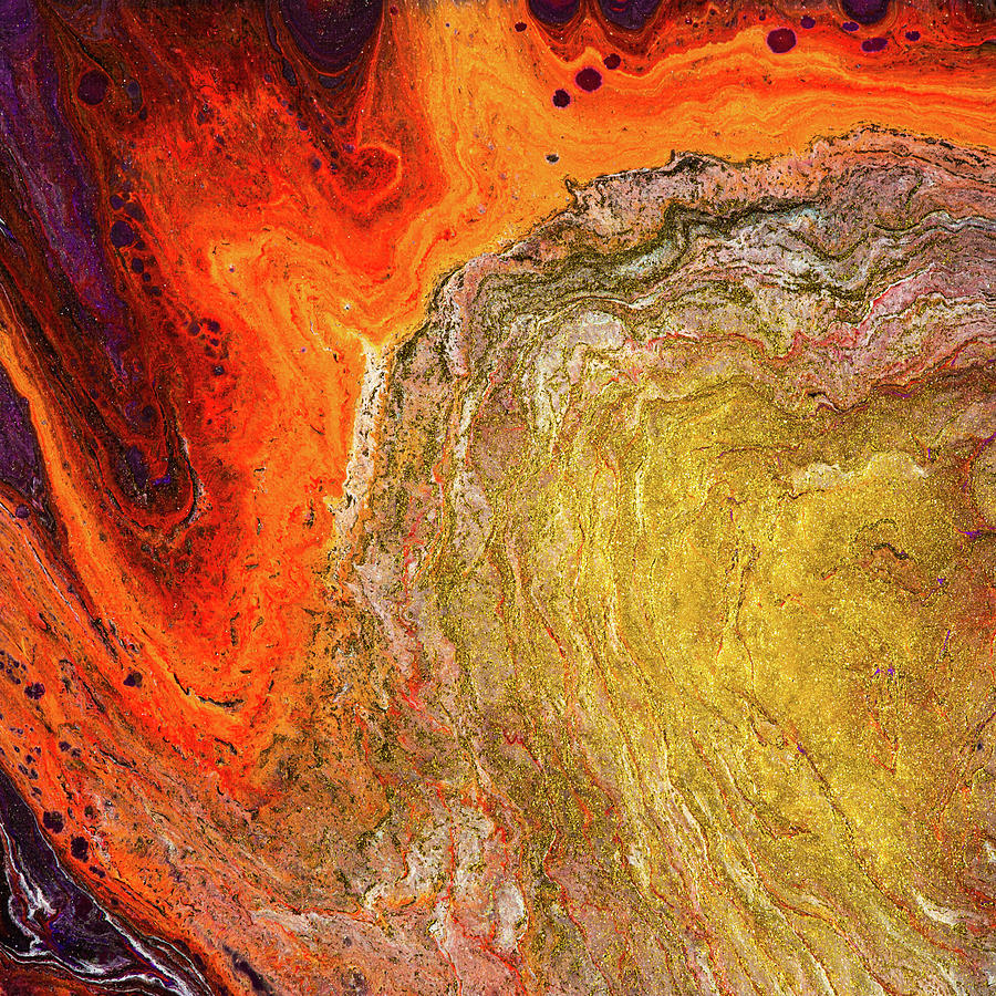 Acrylic Pouring Fluid Painting Warm Orange and Golden Painting by Matthias Hauser