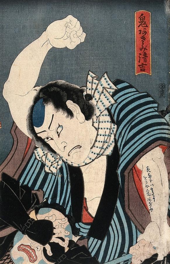 Actor as Oniazami Seikichi struggling with an assailant. Colour woodcut by Kunisada I, 1859 Painting by Artistic Rifki