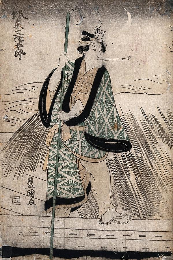 Actor Bando Mitsugoro III as a boatman punting on a snowy night. Colour woodcut by Toyokuni, ca. 181 Painting by Artistic Rifki