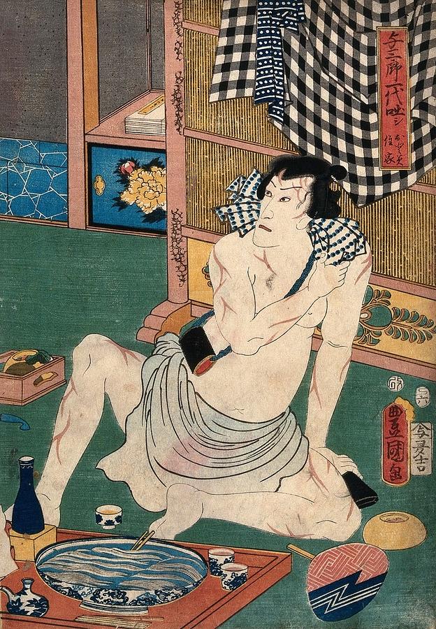 Actor Ichikawa Kodanji in a loin-cloth, his body covered with sword scars, is seated at a meal. Colo Painting by Artistic Rifki