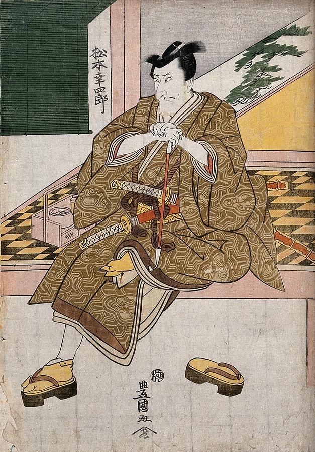 Actor Matsumoto  V as a samurai at an open-air tea house, holding a pipe with his smoking kit Painting by Artistic Rifki
