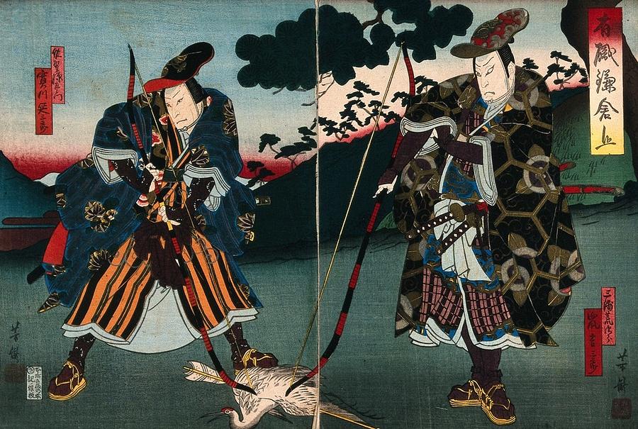 Actors as bowmen with dead geese. Colour woodcut by Yoshitaki, early 1860s Painting by Artistic Rifki