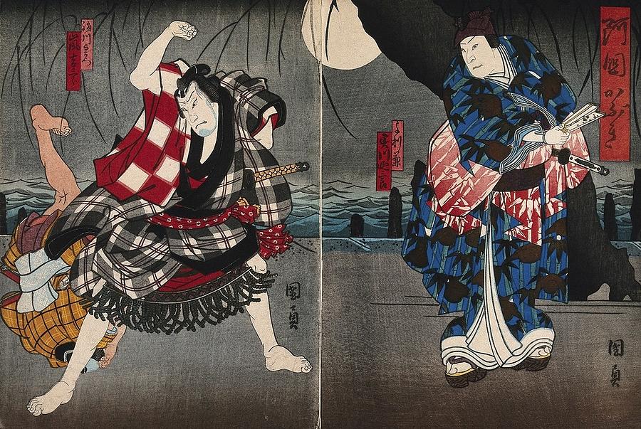 Actors fighting by moonlight. Colour woodcut by Kunikazu, early 1860s. Painting by Artistic Rifki