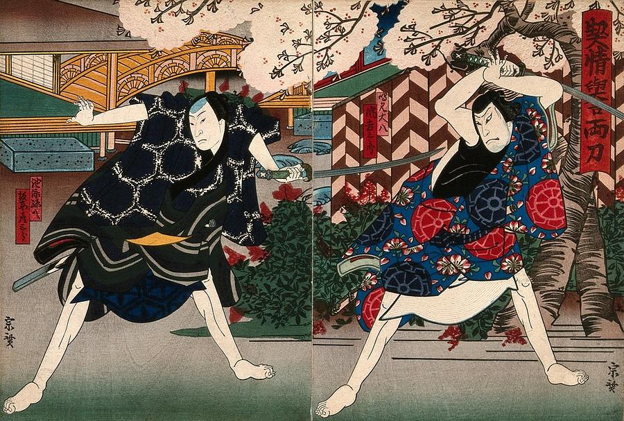 Actors fighting under a cherry tree. Colour woodcut by Munehiro, early 1860s Painting by Artistic Rifki