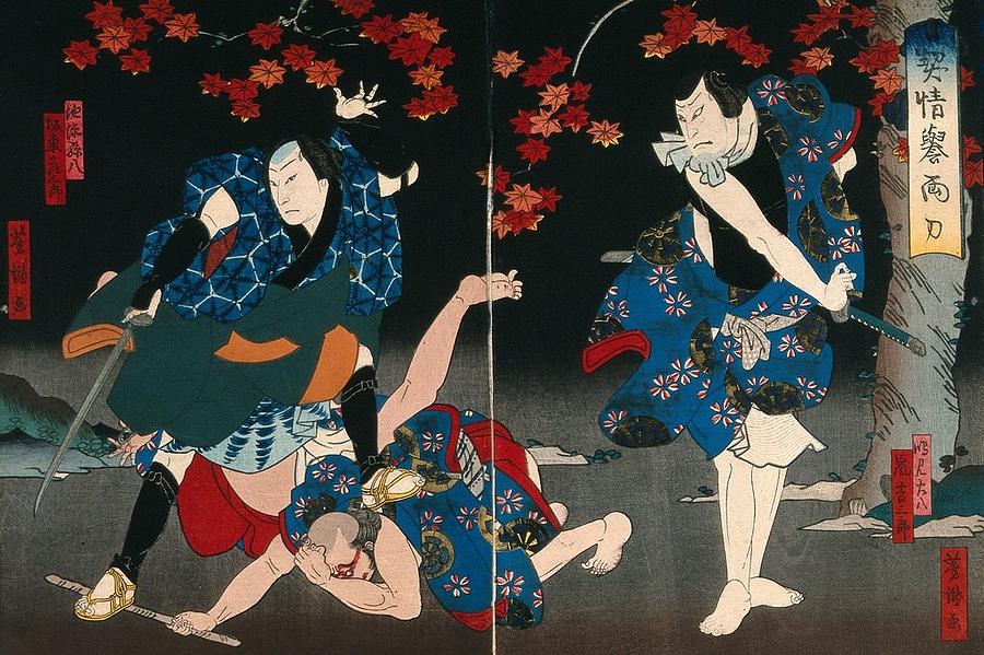 Actors fighting under a red maple tree. Colour woodcut by Yoshitaki, early 1860s Painting by Artistic Rifki