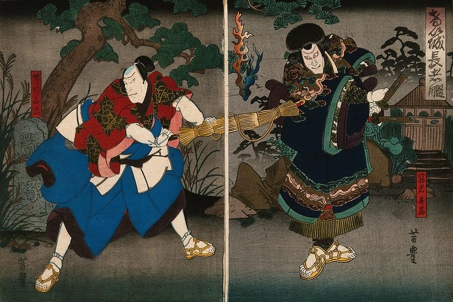 Actors in a confrontation in a garden at night. Colour woodcut by Yoshitoyo, early 1860s Painting by Artistic Rifki