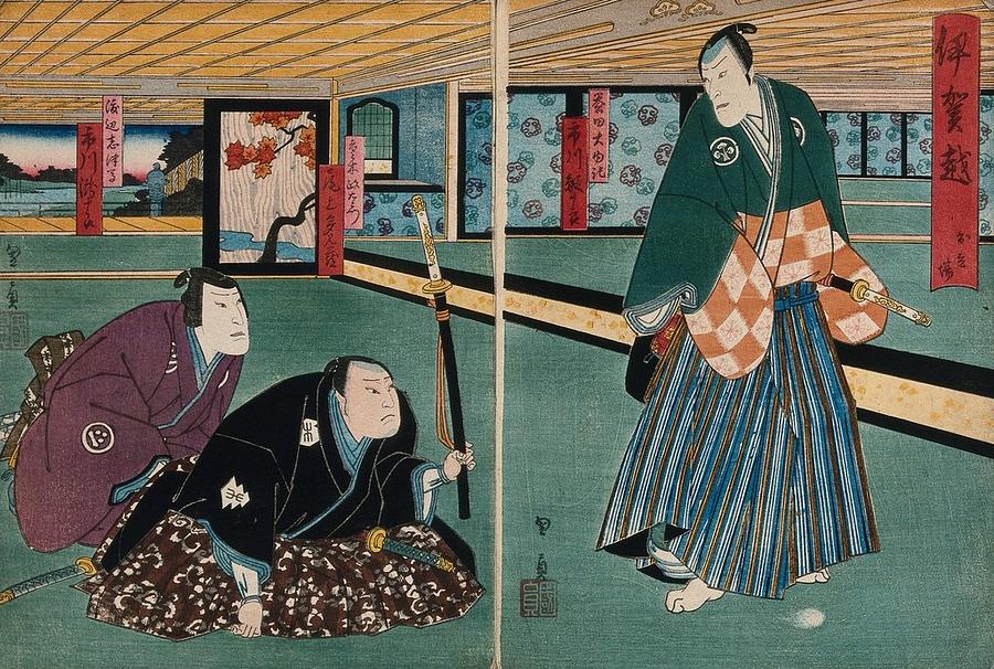 Actors in a confrontation in a large chamber. Colour woodcut by Kunikazu, early 1860s 3 Painting by Artistic Rifki