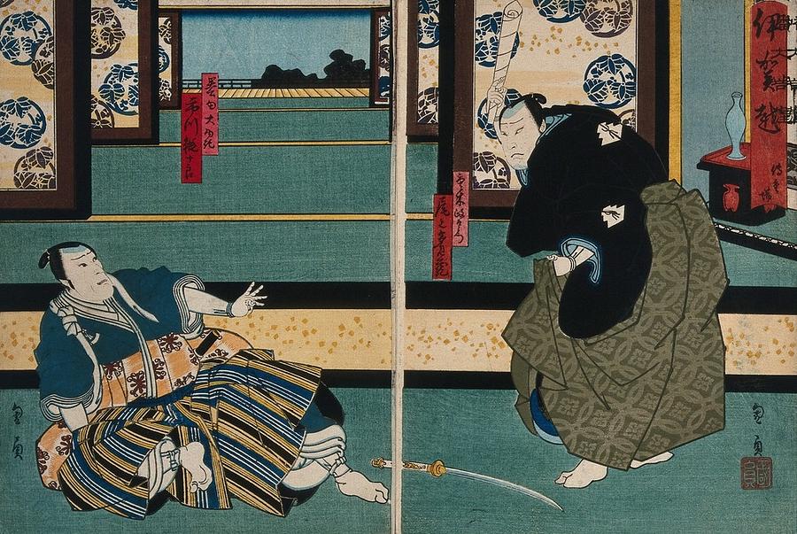 Actors in a confrontation in a large chamber. Colour woodcut by Kunikazu, early 1860s Painting by Artistic Rifki