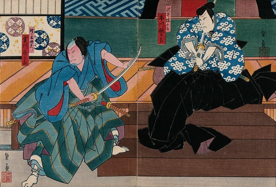 Actors in a confrontation on a verandah. Colour woodcut by Kunikazu, early 1860s Painting by Artistic Rifki