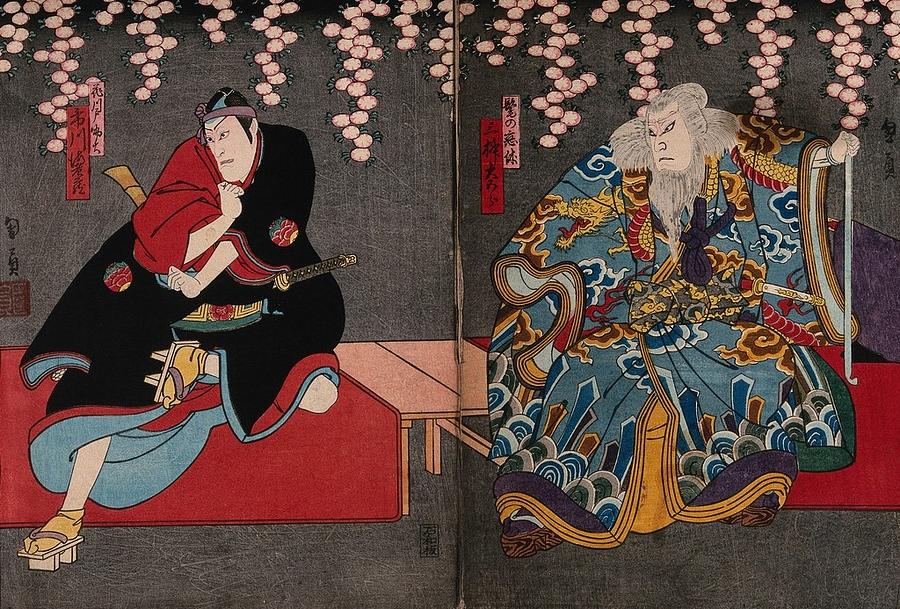 Actors in a confrontation under cherry blossom. Colour woodcut by Kunikazu, early 1860s 2 Painting by Artistic Rifki