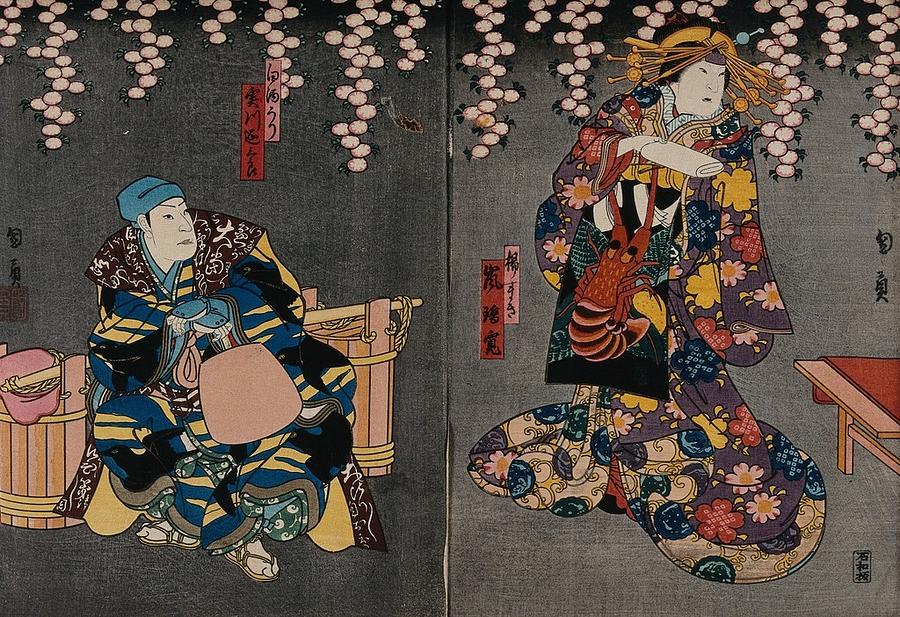 Actors in a confrontation under cherry blossom. Colour woodcut by Kunikazu, early 1860s Painting by Artistic Rifki