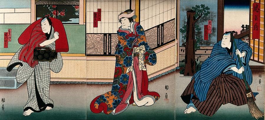 Actors in a garden outside a house. Colour woodcut by Kunikazu, early 1860s Painting by Artistic Rifki