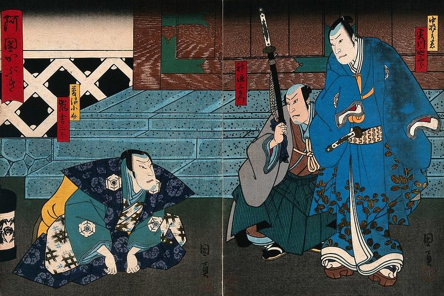 Actors in confrontation before steps. Colour woodcut by Kunikazu, early 1860s Painting by Artistic Rifki