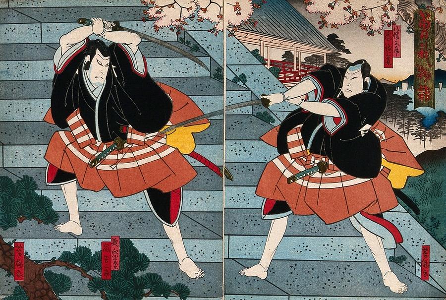Actors in confrontation on steps. Colour woodcut by Yoshitaki, early 1860s Painting by Artistic Rifki
