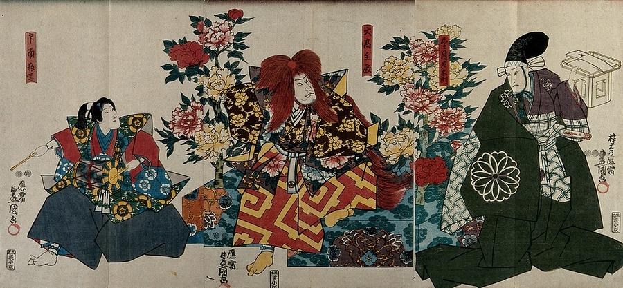 Actors in formal dress in a courtly setting  the figure of Nakamura IV wears a long, red lion wig Painting by Artistic Rifki