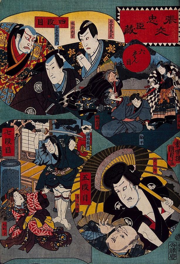 Actors in scenes from the play A treasury of loyal retainers by Chushingura. Colour woodcut by Kun Painting by Artistic Rifki