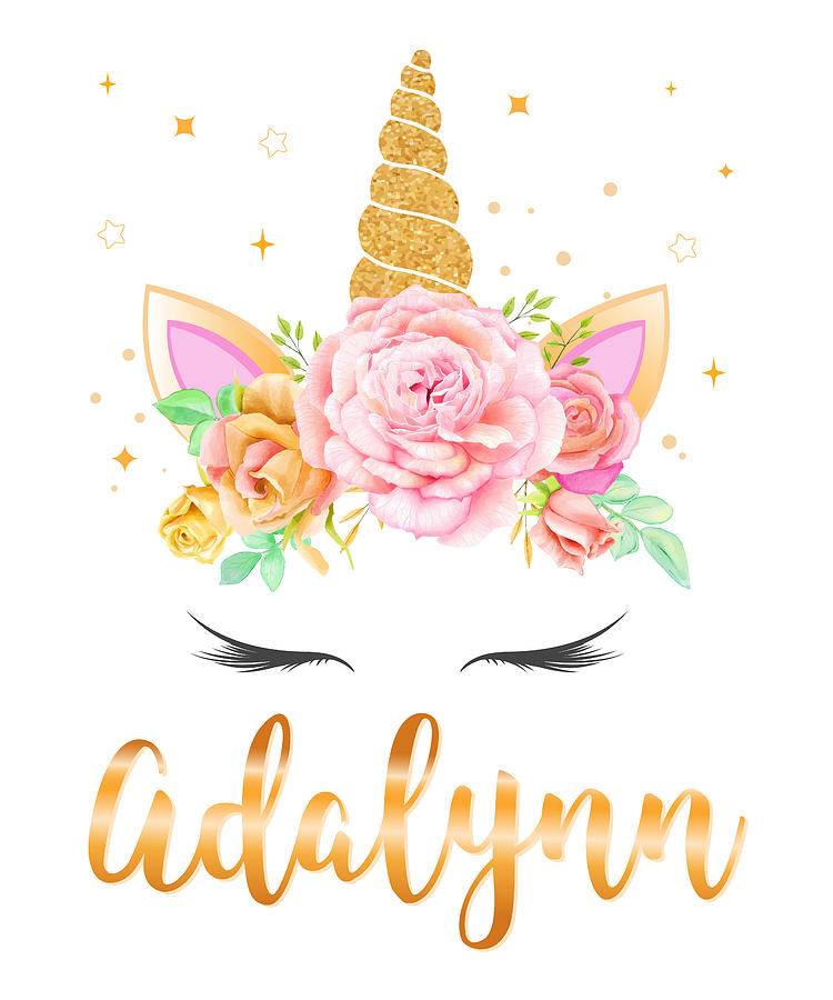 Adalynn Name Unicorn Horn with flower wreath and Gold Glitter, Unicorn